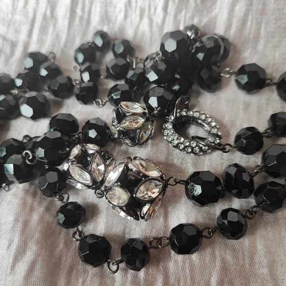 Dramatic Opera Length Black Plastic Faceted Glass Clear Rhinestone Bead Necklace - Picture 15 of 15